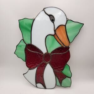 Stained Leaded Glass Sun Catcher Art White Goose with Bow Handmade 10" Tall